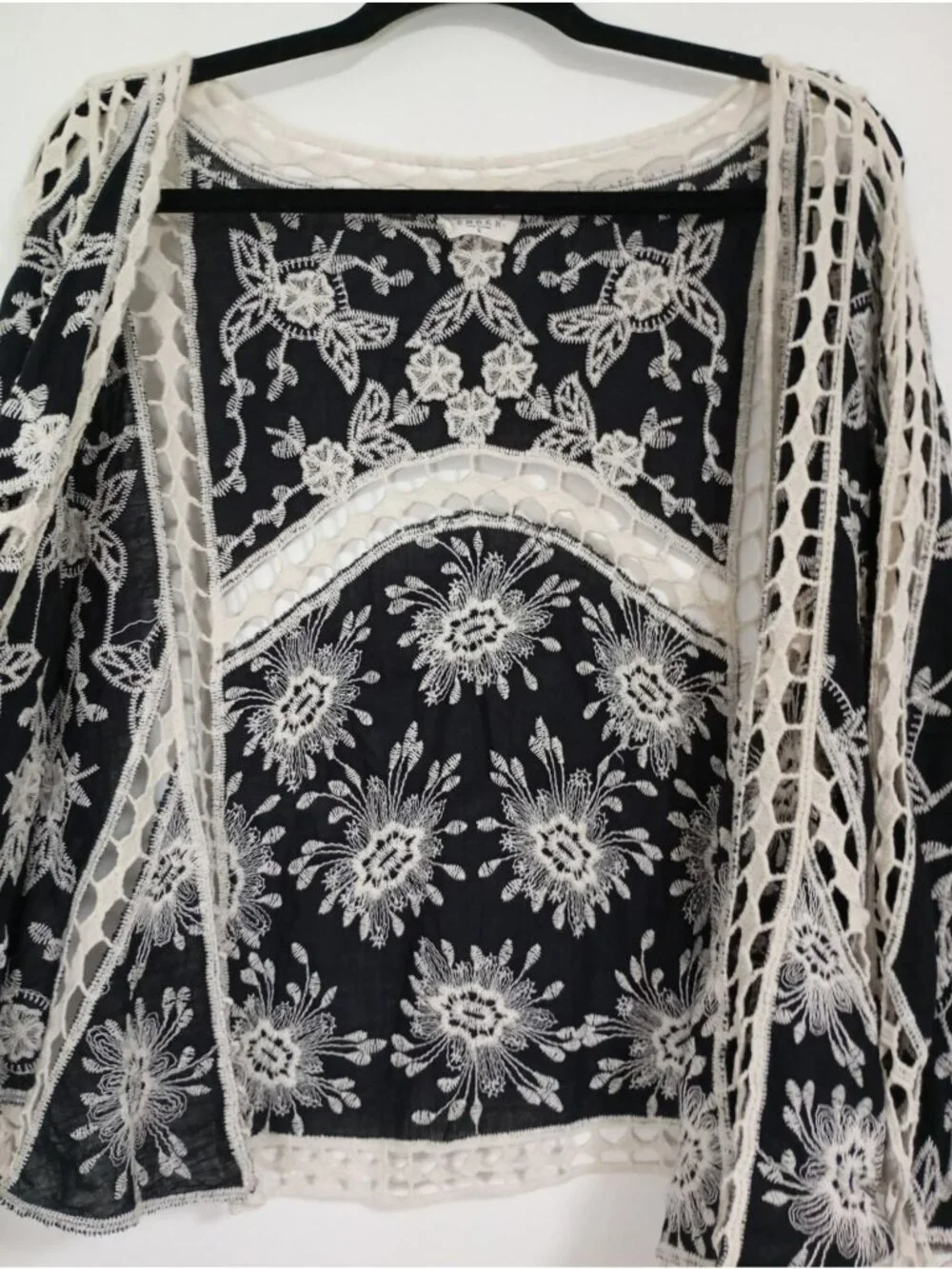 Ember Boho Black Sheer Lace Floral Embroidered Open Cardigan Kimono Women S